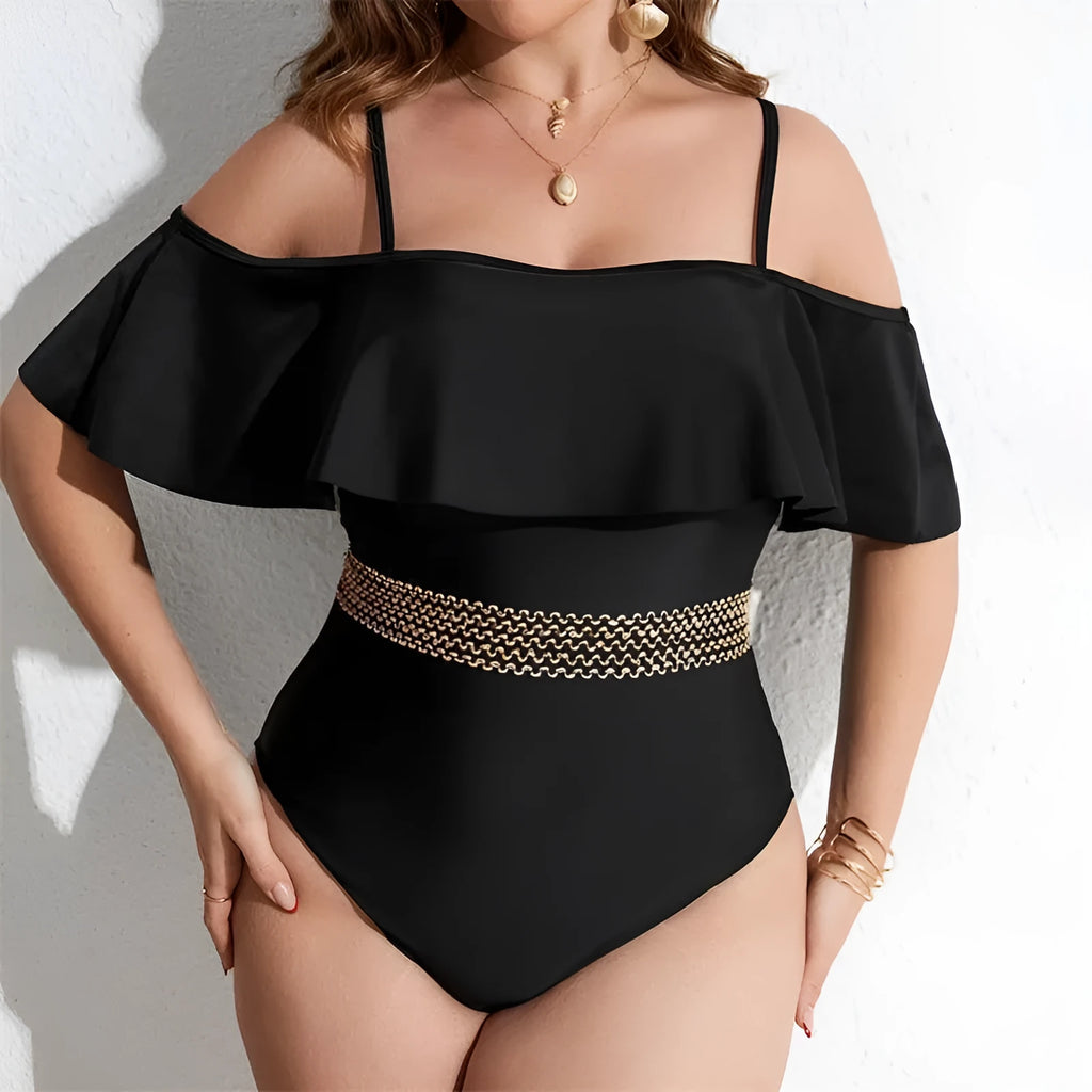 Black women's one-piece swimsuit in polyester fabric available in sizes 0XL to 4XL