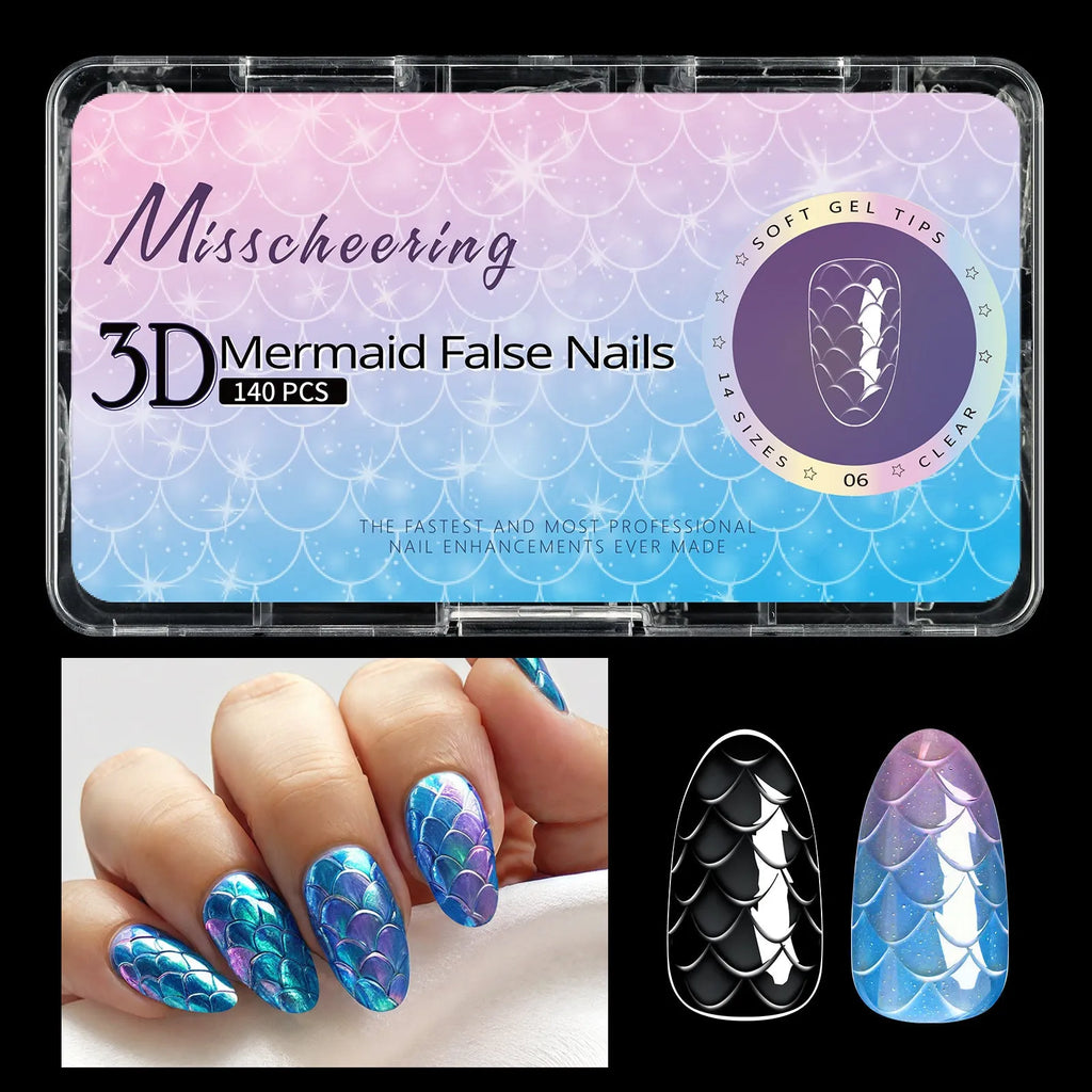 3D scale long shaping artificial nail tips with deep C-curve in Frigate Box colour options
