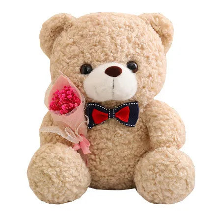 25cm brown plush bear Christmas decoration with net pocket packaging