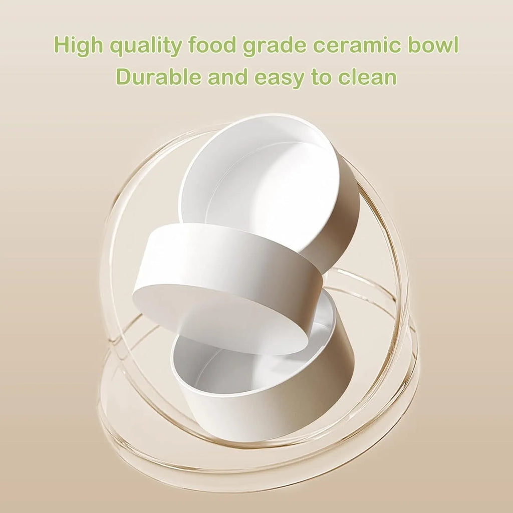 Green ceramic raised cat bowl set with two bowls on a 15° tilted stand and non-slip base.