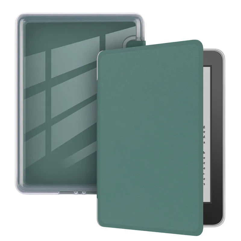 Magnetic acrylic imitation leather flip cover for Kindle Paperwhite in black colour, open showing inner device slot