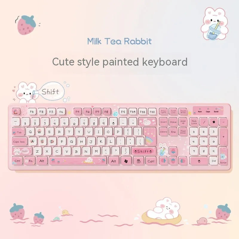 Milk Tea Rabbit chocolate wired keyboard in strawberry pink with 1m USB cable