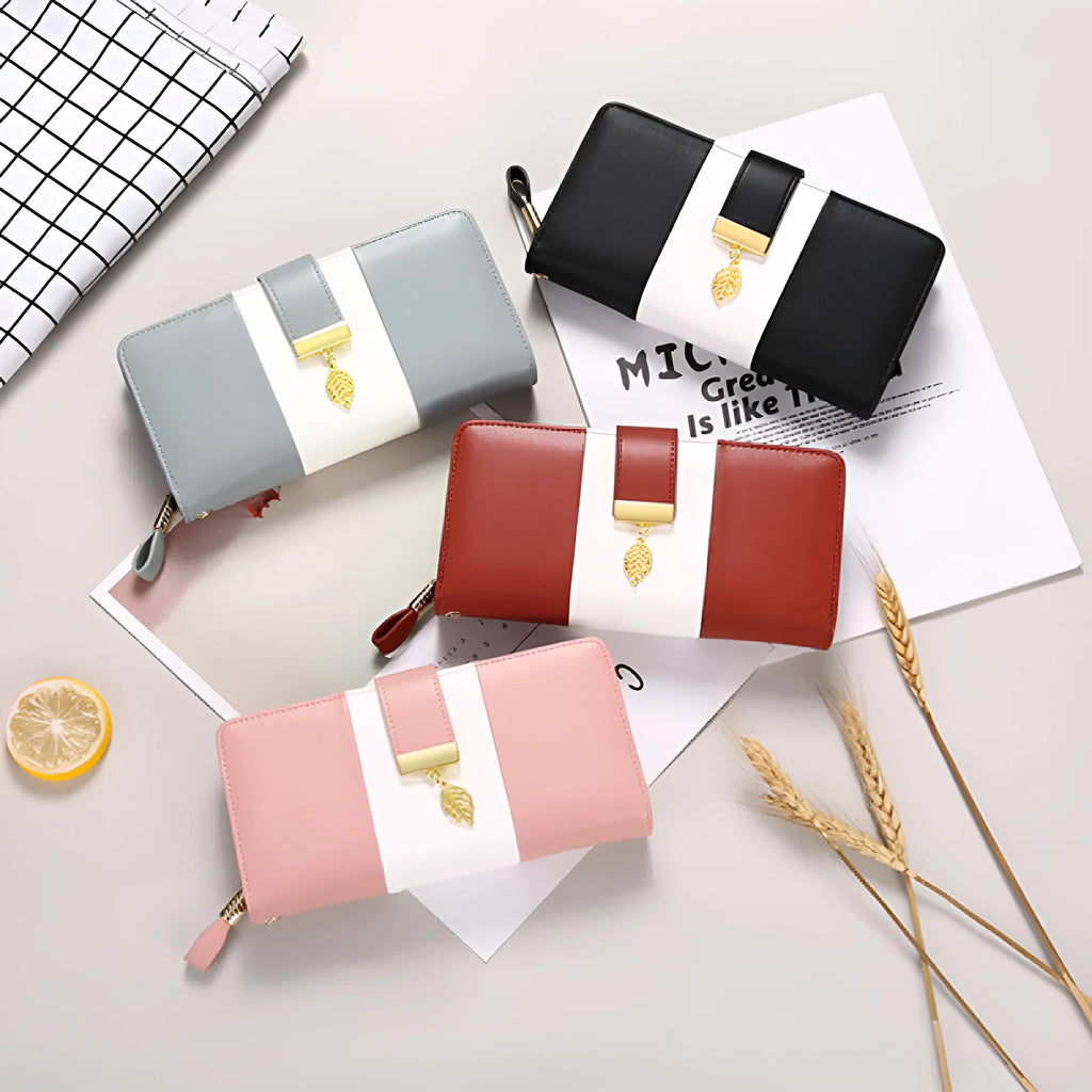 Midnight black women's PU leather clutch bag with a lock closure, shown open to reveal RFID-blocking wallet compartment.