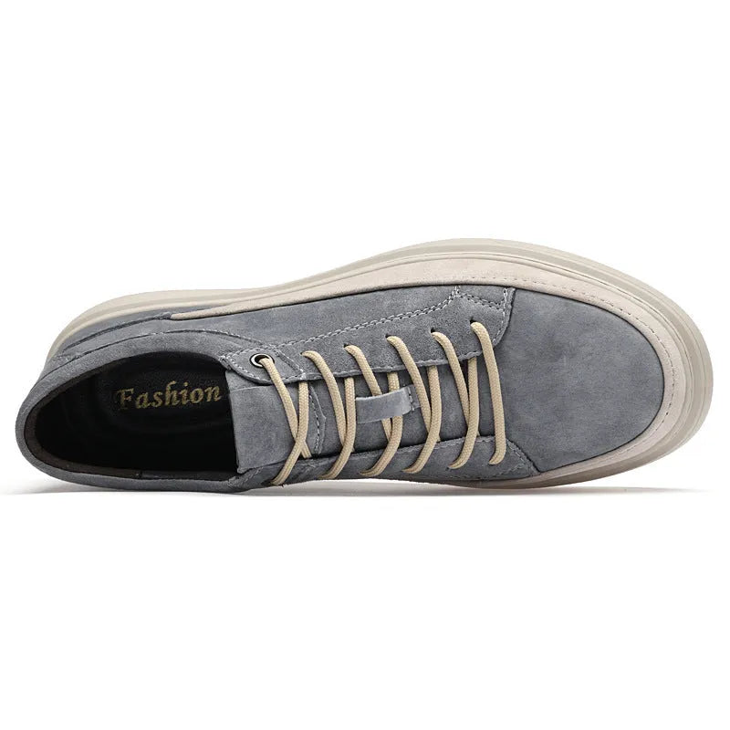 Men's grey and sand casual leather skate shoes with a round toe and rubber sole.