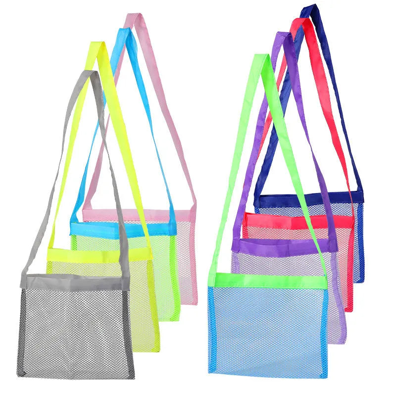 Blue nylon mesh travel storage bag with zip closure for children's toys and clothes
