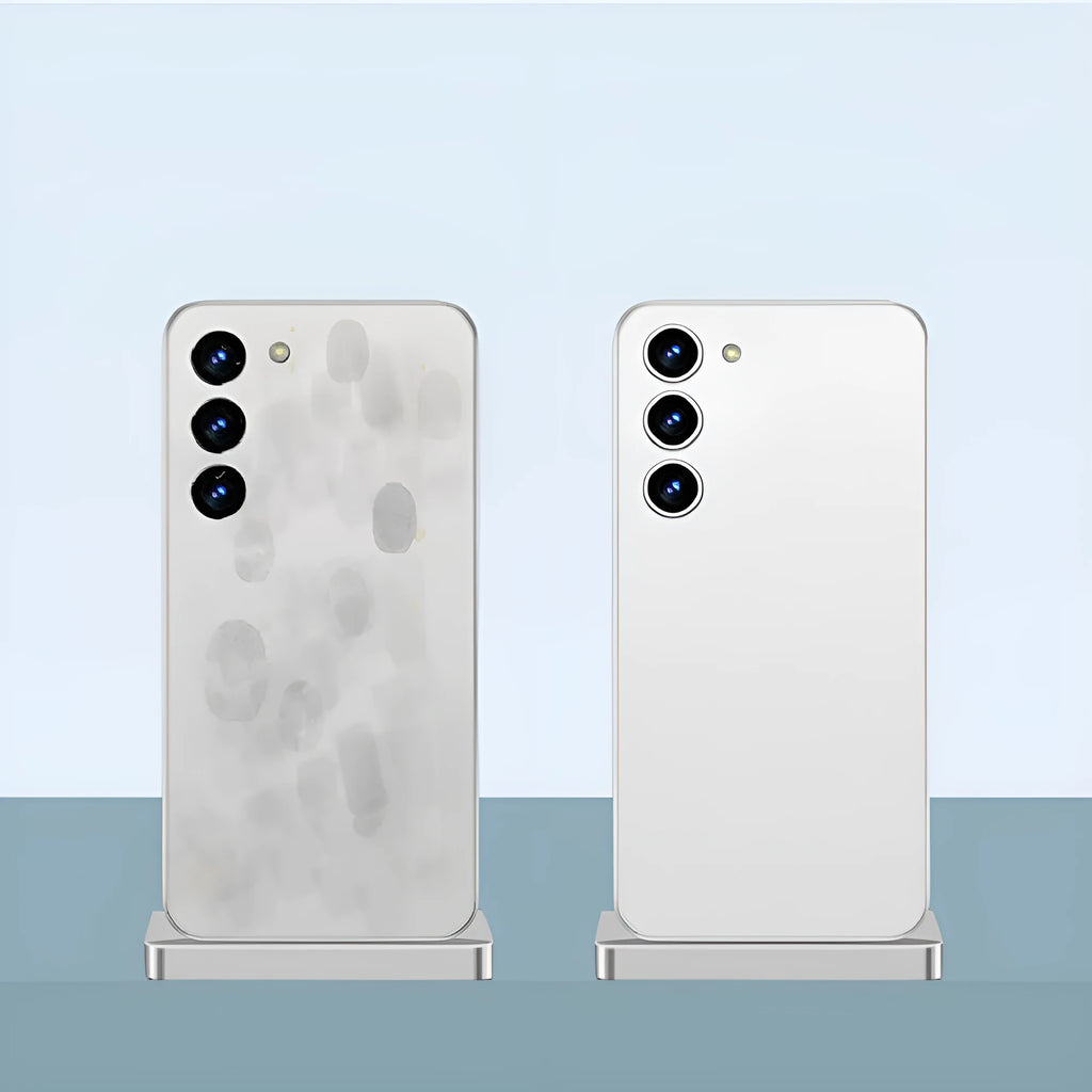 Ultra-thin transparent PC phone case for Samsung with frosted finish, heat dissipation, and bracket in white or black.