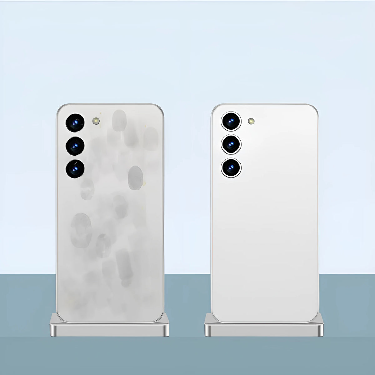 Ultra-thin transparent PC phone case for Samsung with frosted finish, heat dissipation, and bracket in white or black.