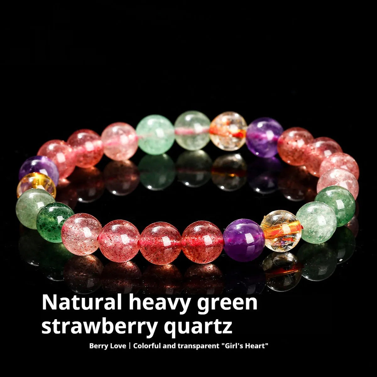 Natural strawberry quartz bracelet with round beads in 7mm, 8mm, or 9mm sizes.