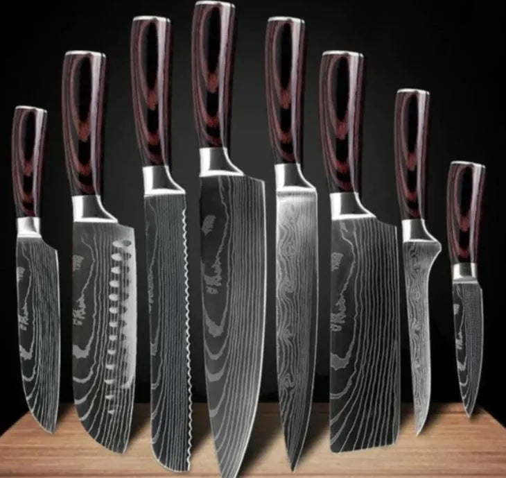 Carpenter's Special kitchen knife with laser Damascus pattern blade and coloured wood handle