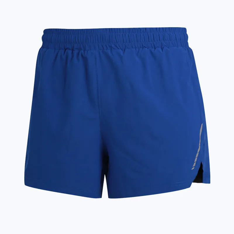 Grey straight-leg men's running shorts made from quick-dry polyester fabric on a white background.