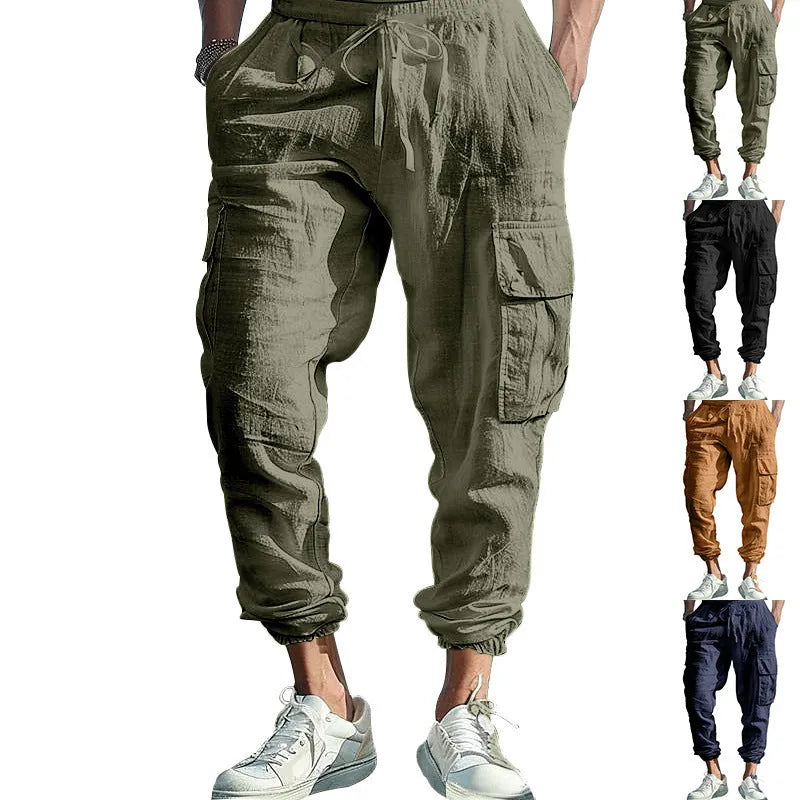 Men's loose-fit linen casual trousers with ankle ties and multiple pockets in Army Green.