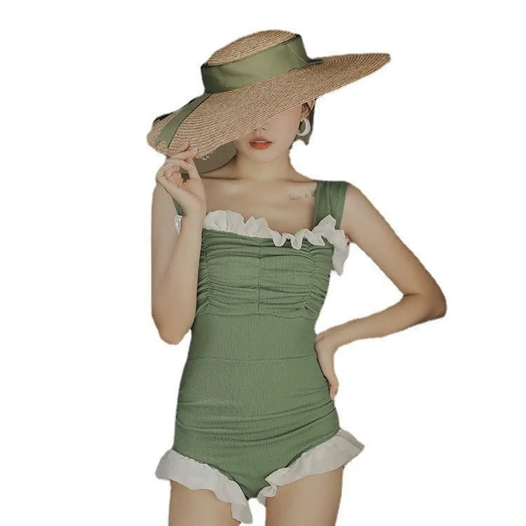 Korean style high-waist one-piece swimsuit in quick-drying polyester