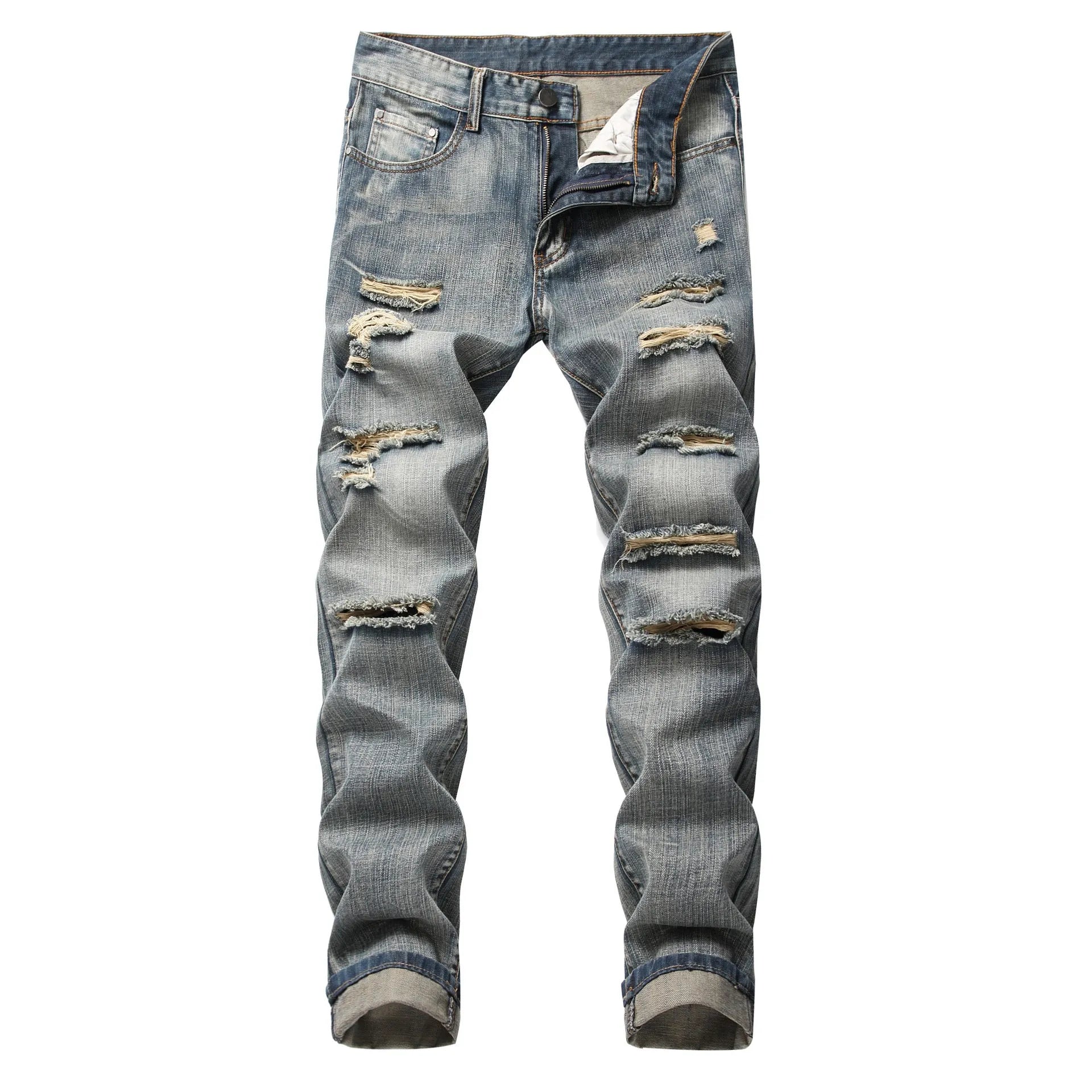 Cotton Blend Ripped Straight Denim Trousers for Men Mid Waist Zipper Fly Light Straight Leg Dark Blue Light Blue Nostalgia Sizes 28-42