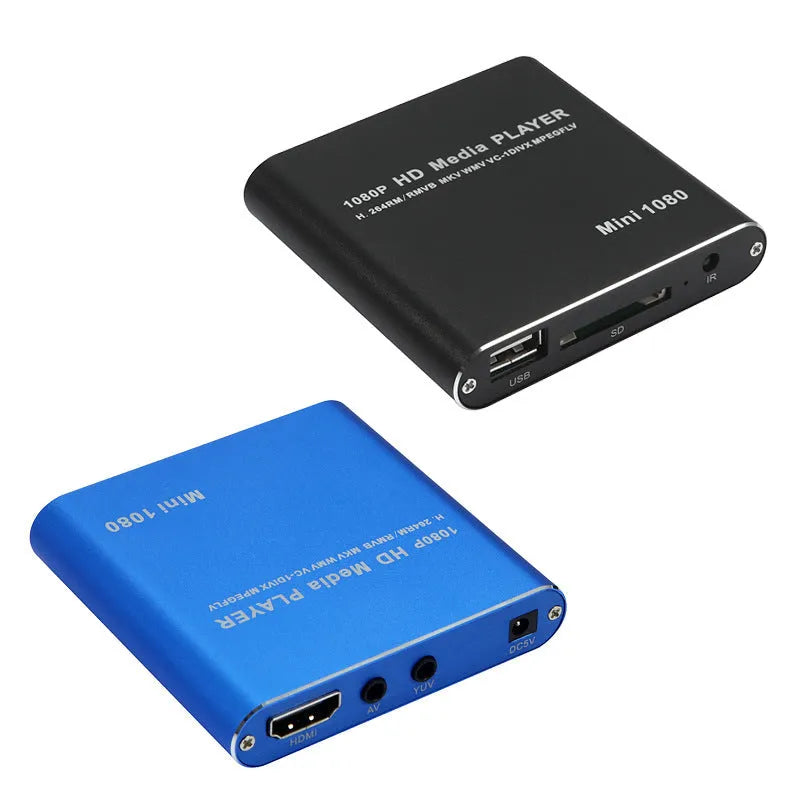 Compact black 1080P HDMI media player with USB and SD card slots