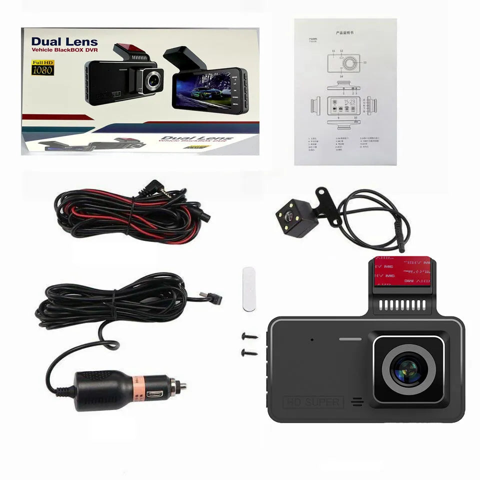 4-inch adhesive dashboard camera with dual lens and touchscreen display