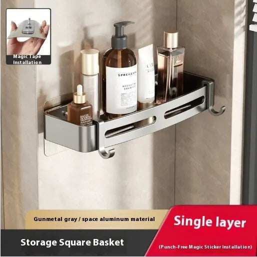 Gun grey corner-mounted bathroom rack with triangle basket design and punch-free wall mounting