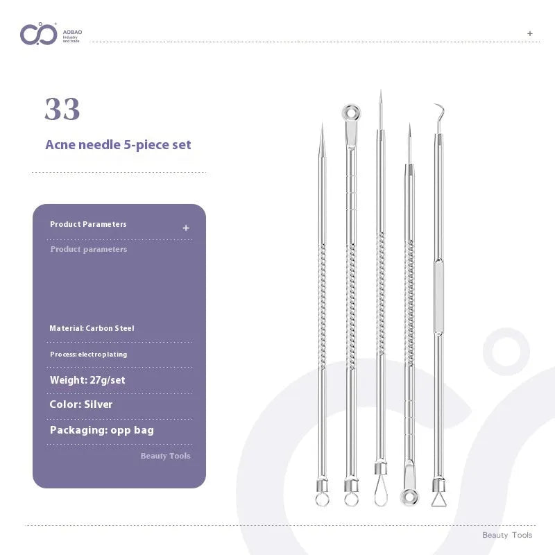Four silver metal acne needles with ultra-fine pointed tips arranged on a clean surface.
