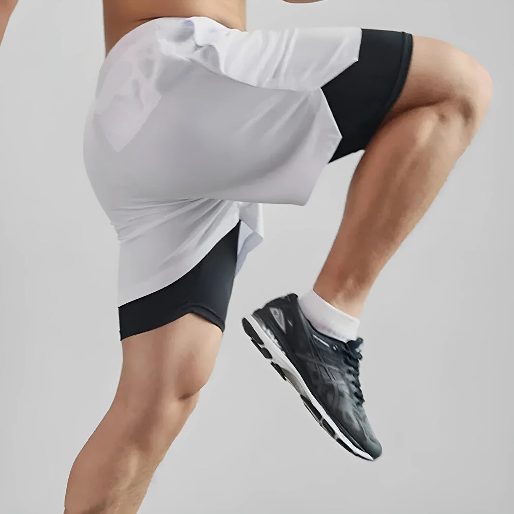 Men's camouflage pattern sports shorts with double-layer construction in cotton blend fabric
