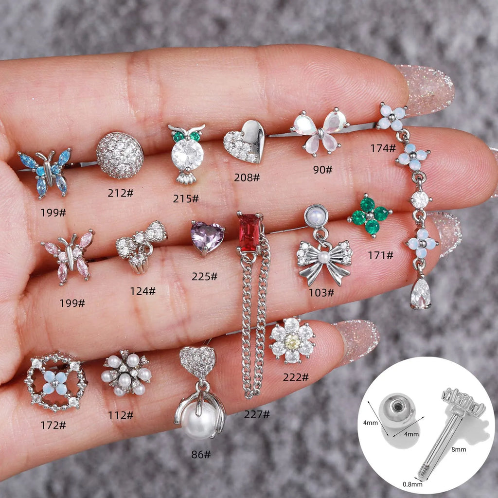 Korean-style tassel flower screw ball ear cartilage piercing in brass with floral design