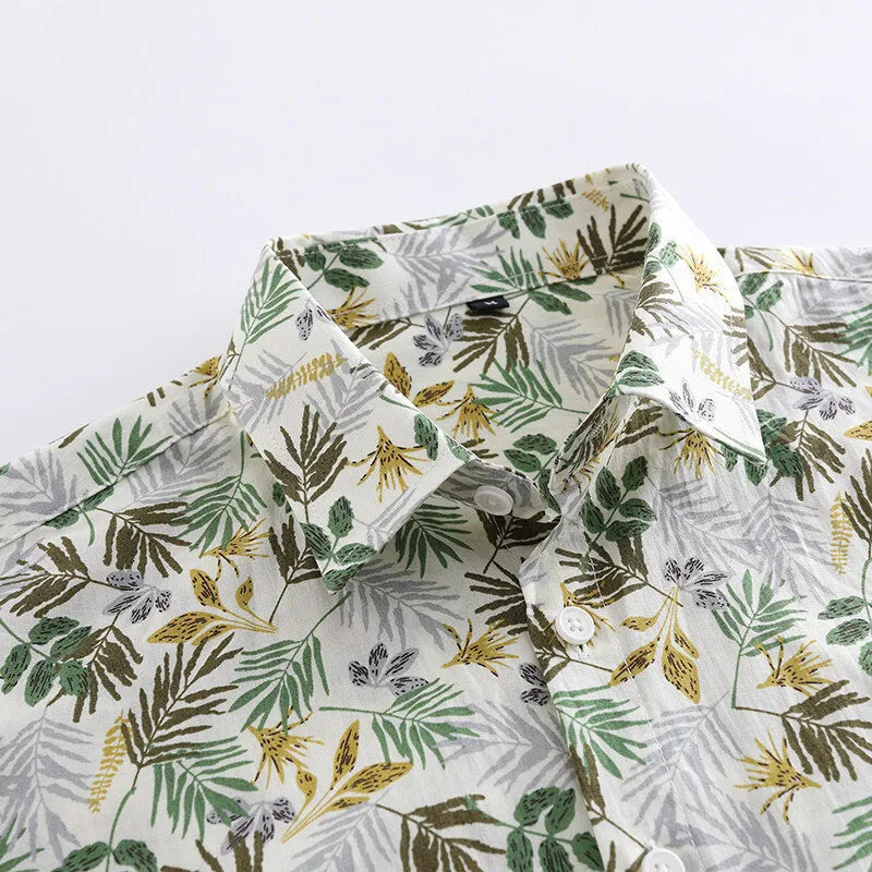 Men's short sleeve casual shirt with colourful floral print on cotton fabric, shown in a cardigan style.