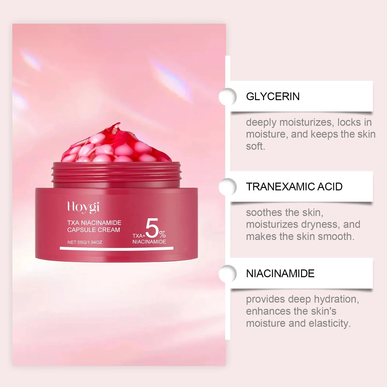 55g moisturising cream container showing gel formula with white balls containing tranexamic acid and nicotinamide