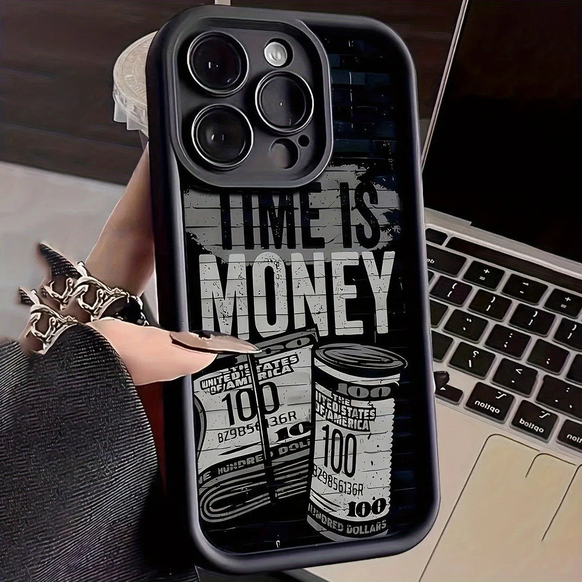 Money banknote USD currency phone case for Apple iPhone, TPU soft shell, frosted finish, Black White Burgundy.