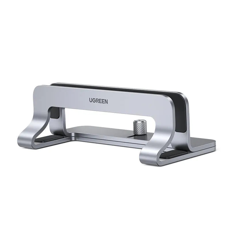 Silver aluminium alloy laptop cooling bracket with width adjustment slots for vertical notebook stands