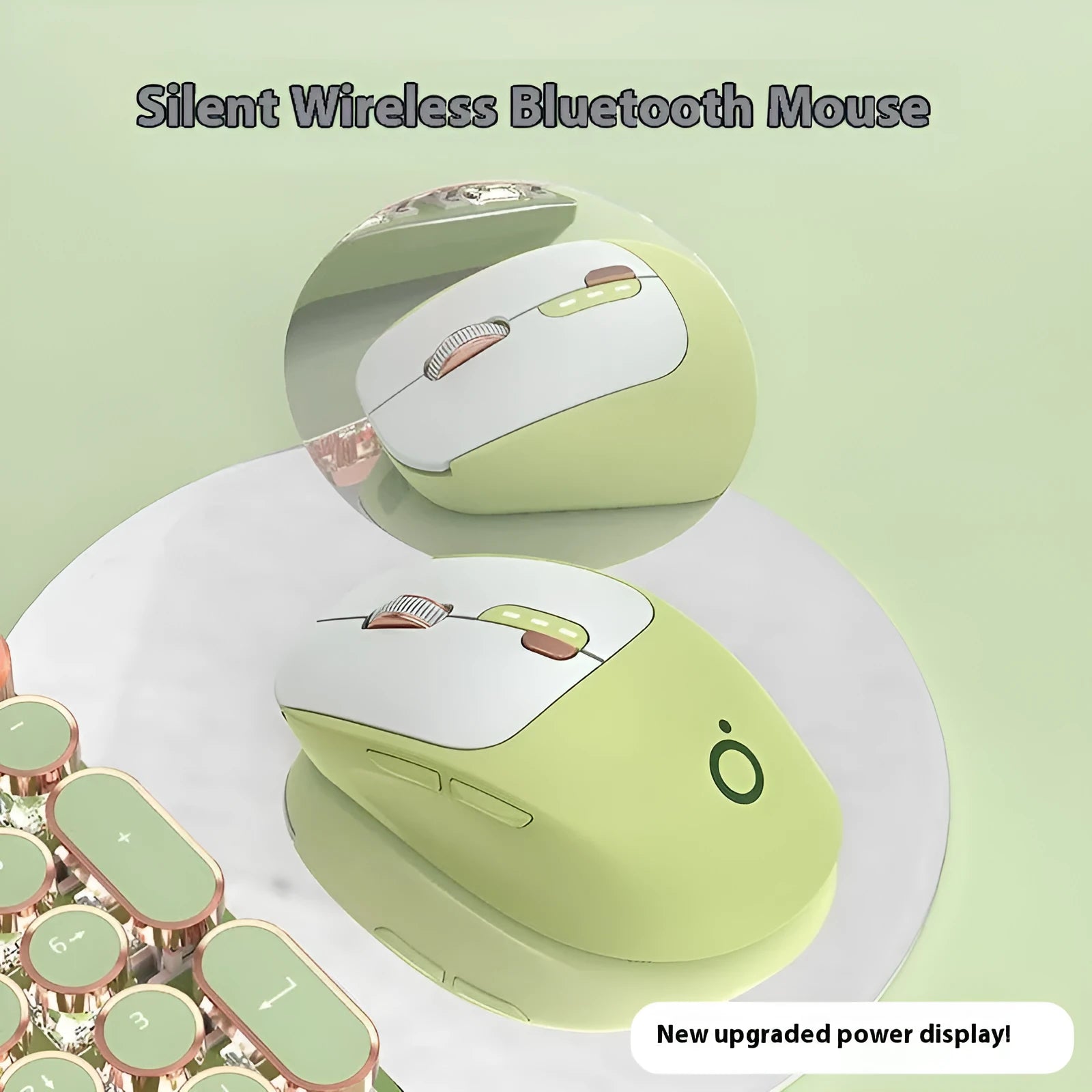 Mute wireless Bluetooth and 2.4GHz computer mouse in Matcha Green colour on a wooden desk