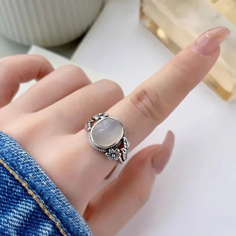 Adjustable vintage copper ring with U-shaped band and imitation white chalcedony stone