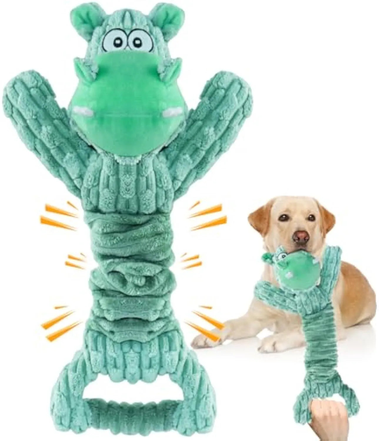 Large plush squeaky dog toy in hippo design with handle for tug-of-war.