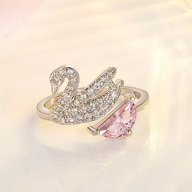 Adjustable open swan ring with zircon crystal in rose gold or white gold plated finish, unisex fashion finger ring