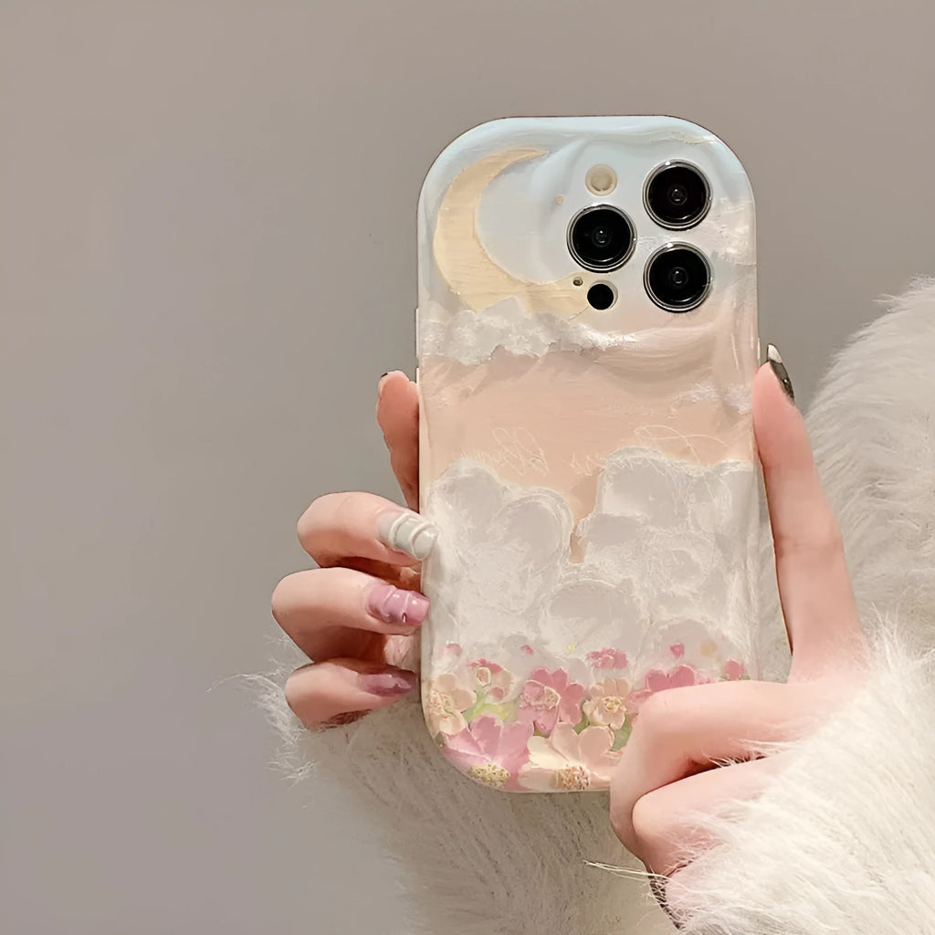 Cream Shell white TPU iPhone case with sea-of-flowers-on-cloud design, all-inclusive cute niche cover