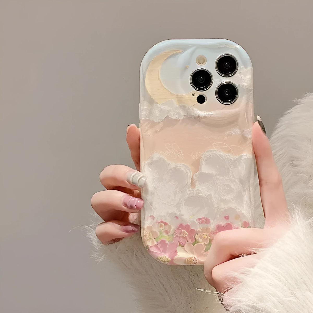 Cream Shell white TPU iPhone case with sea-of-flowers-on-cloud design, all-inclusive cute niche cover