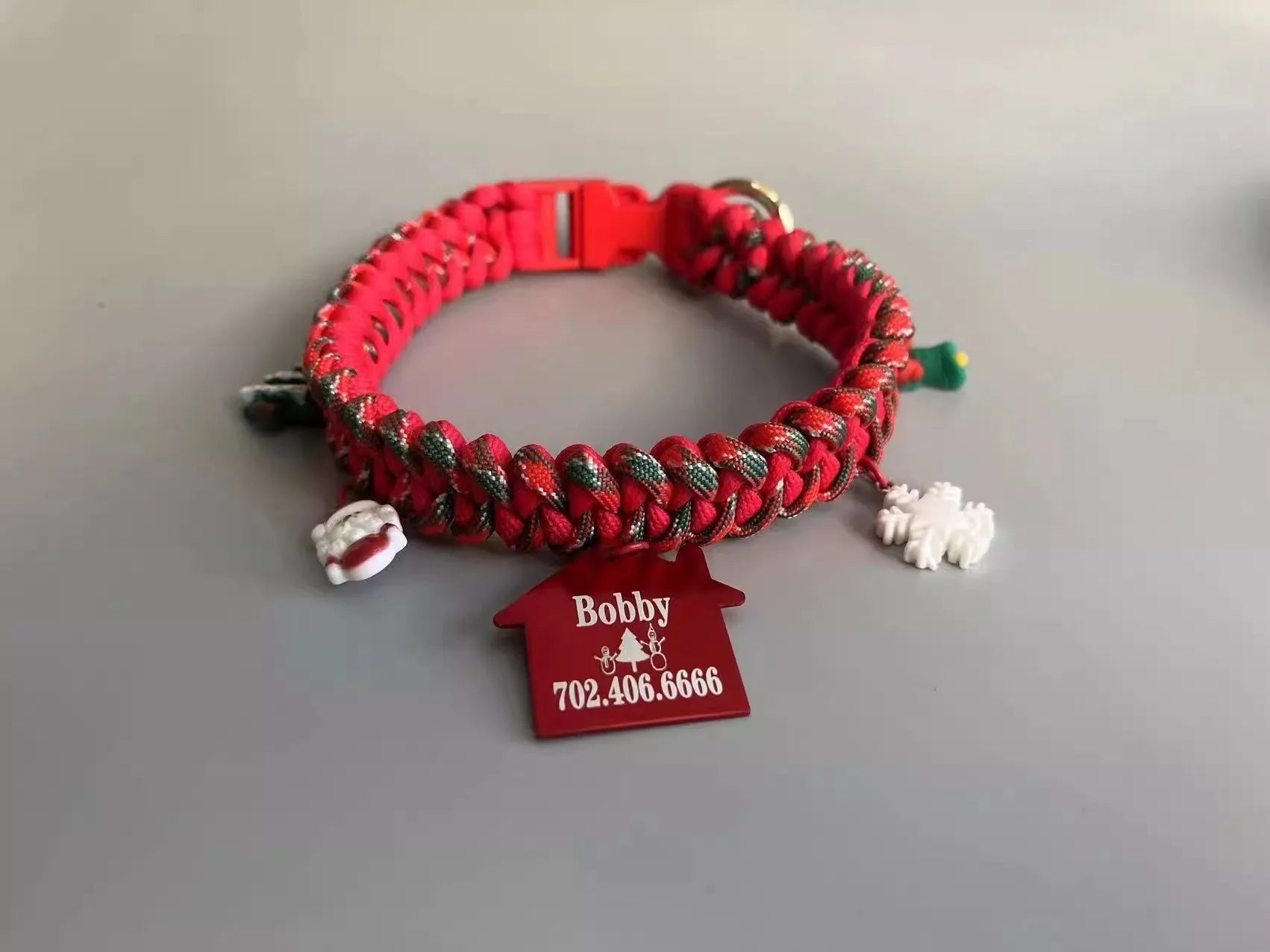 Green rope P chain dog leash with a metal release buckle fastened to a dog collar.