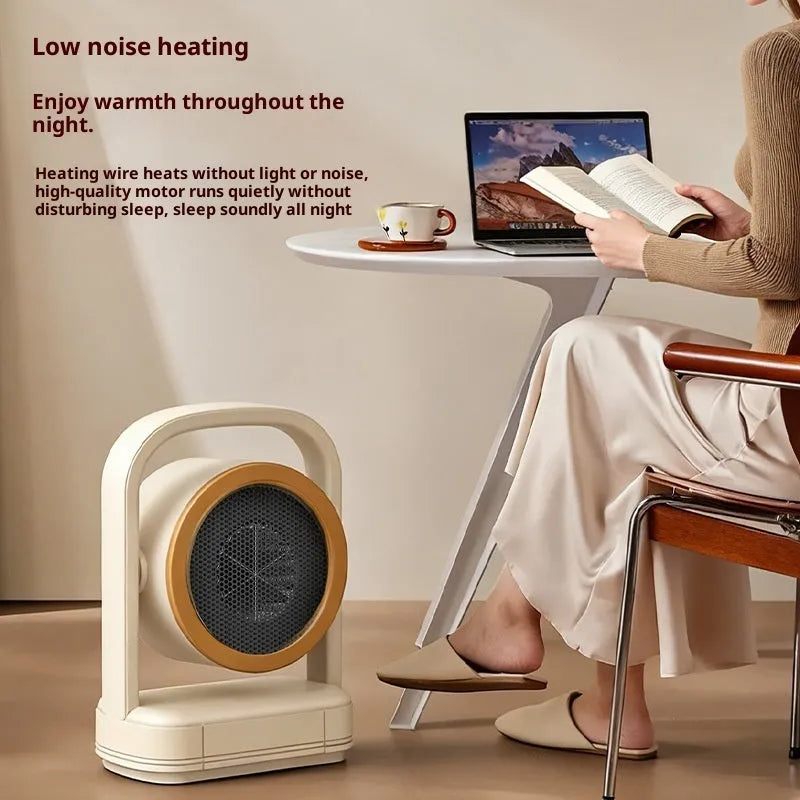 Compact beige or dark grey desk heater, 500W warm air blower with shaking head, 215mm x 126mm x 300mm