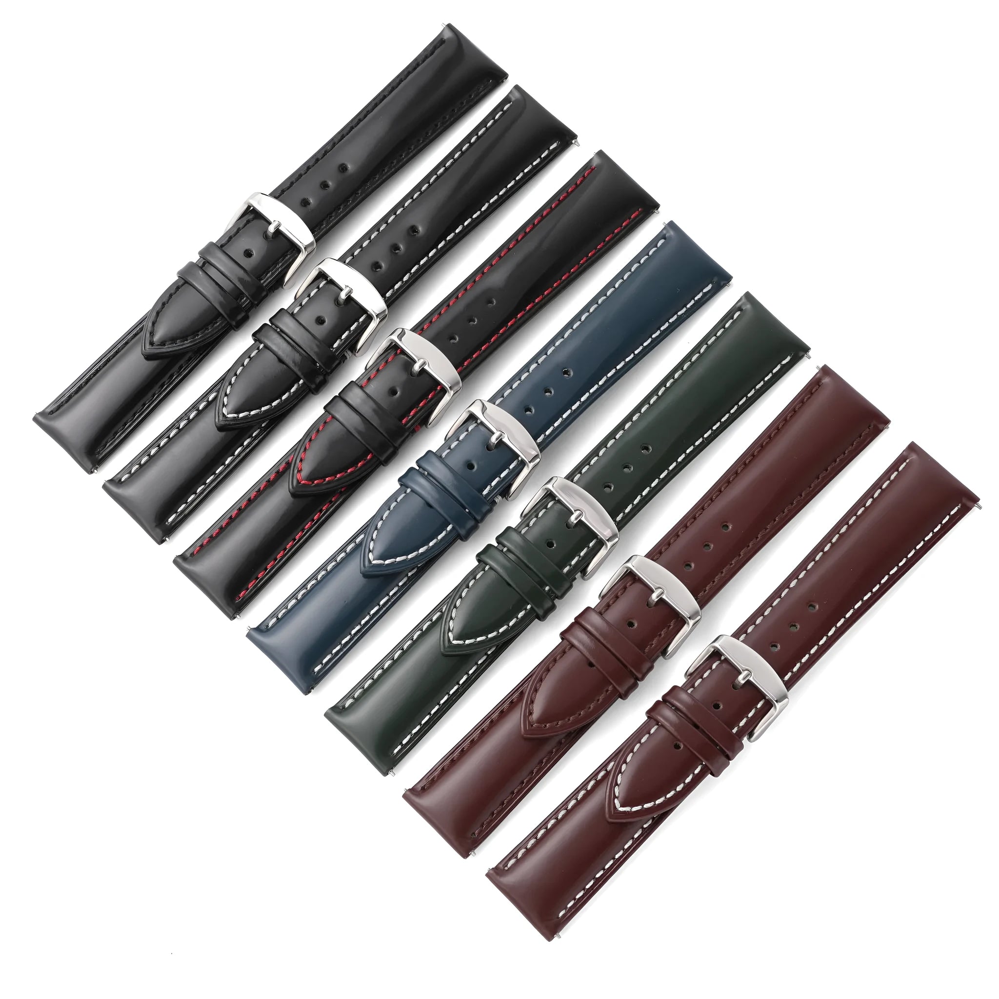 Quick-release leather watch strap in cowhide, shown in black with white stripe detail