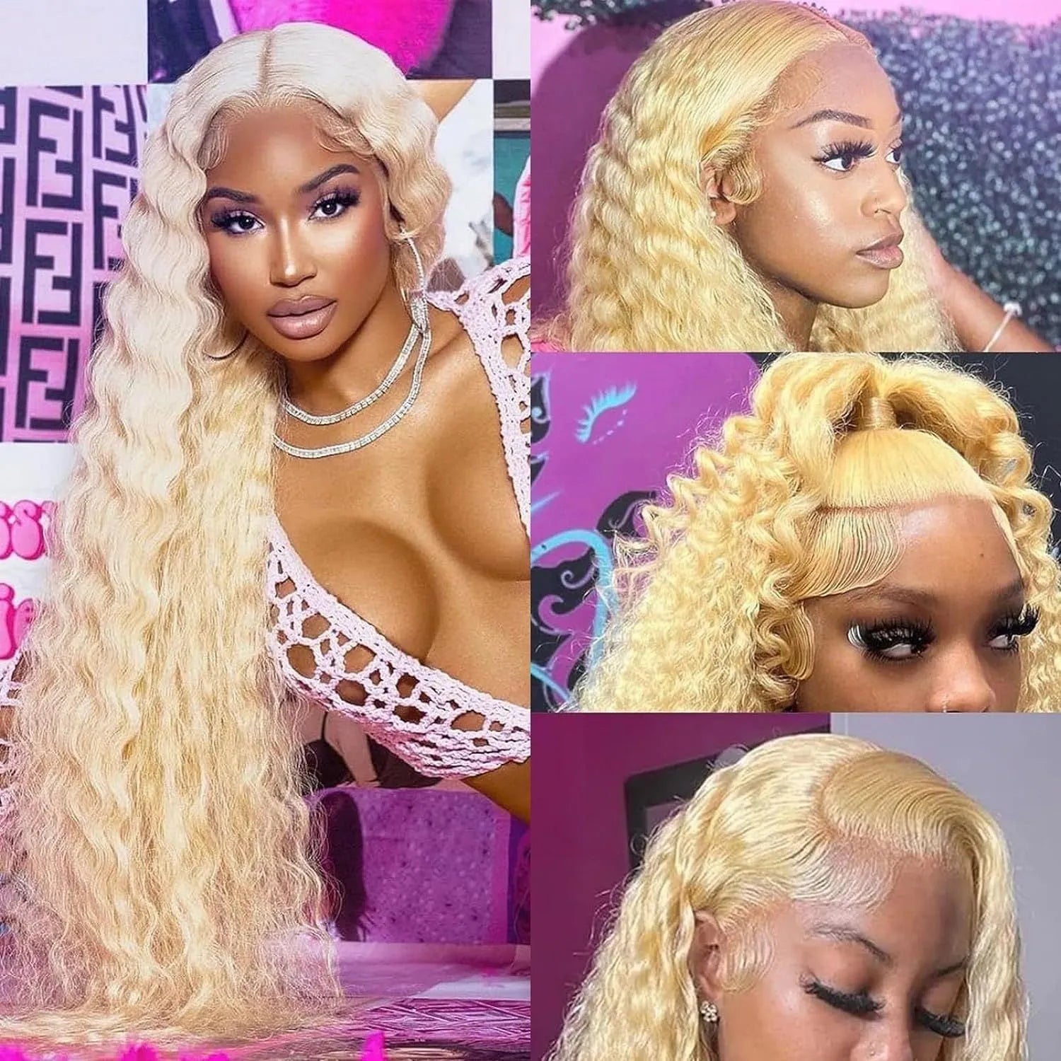 Front lace synthetic wig in gold colour with medium long curly hair on a mannequin head