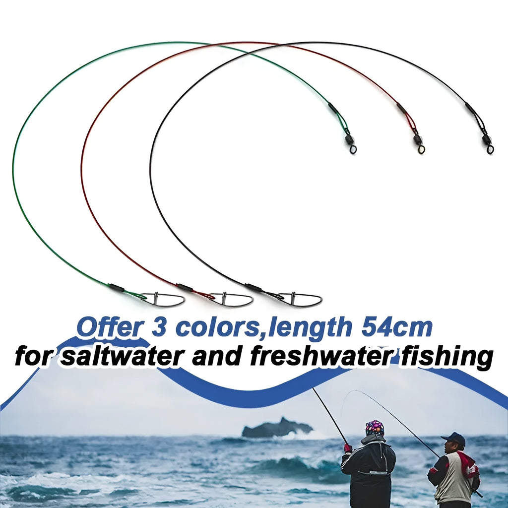 Set of steel wire fishing leaders in black, green, and red with double buckle pins.