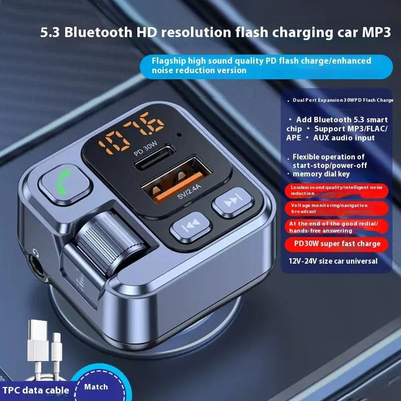 Car Bluetooth receiver and fast charger unit with USB-C and USB-A ports for 12V socket