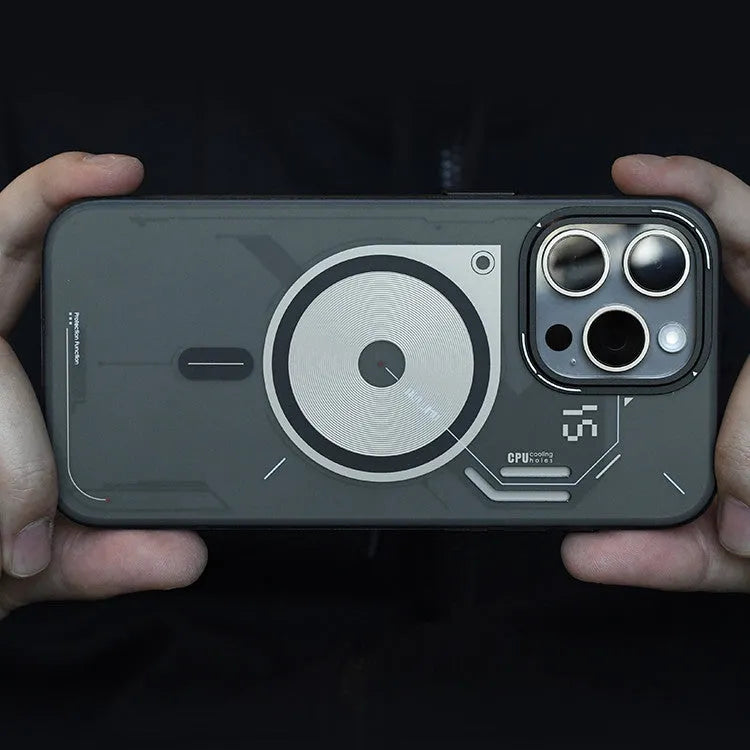 Grey magnetic phone case with cooling window for iPhone 15 Pro and iPhone 15 Pro Max, TPU drop-resistant cover, cyberpunk style.