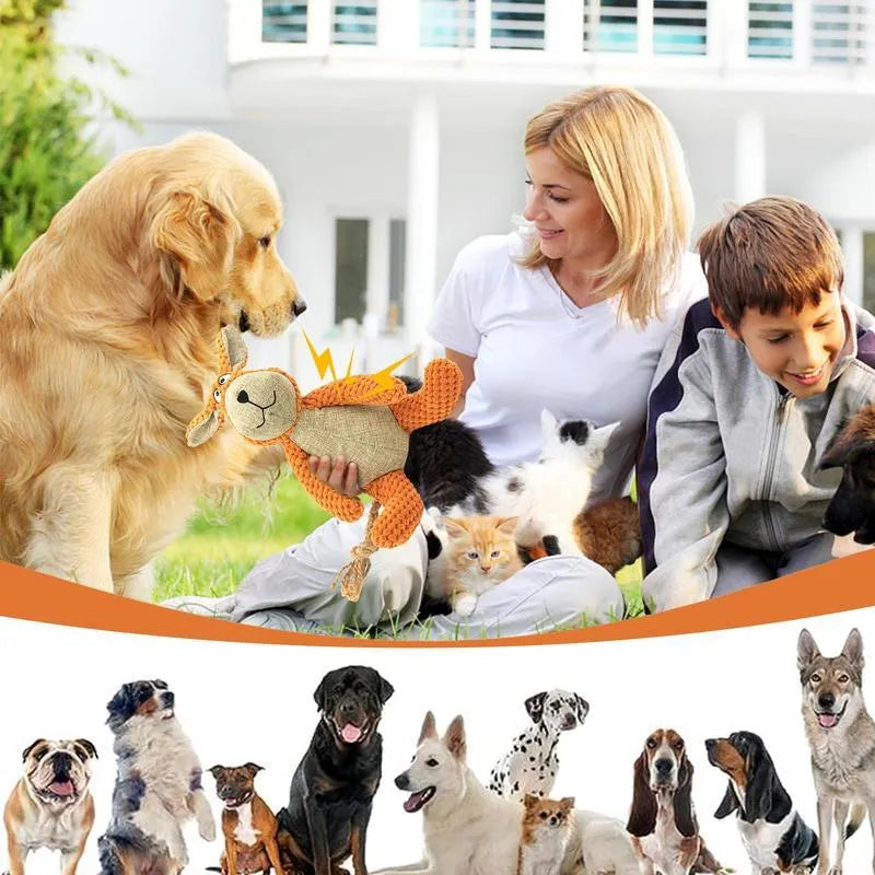 Four animal-shaped dog plush toys: donkey, elephant, orangutan and rabbit designs with squeakers