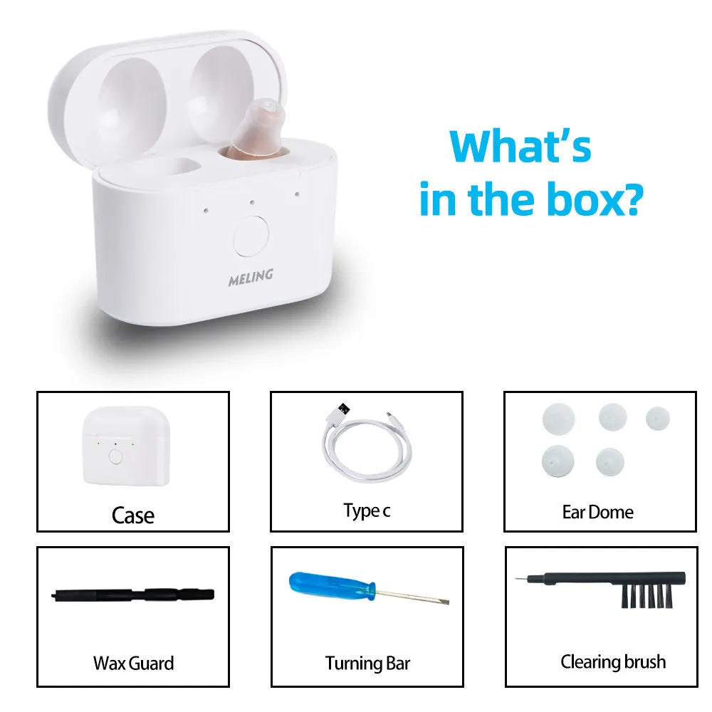 Rechargeable hearing aids with magnetic charging case in beige or red and blue colour options