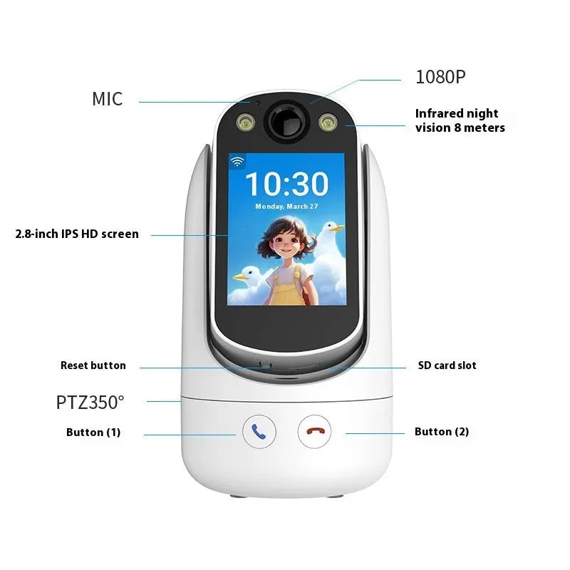 C20 white surveillance camera with 2.8-inch IPS screen, 1080p HD resolution, wide-angle lens, and night vision