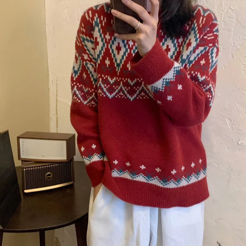 Red and white striped loose retro knitted pullover top with long sleeves