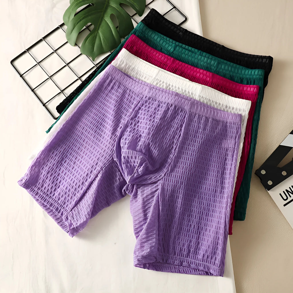 Men's lace shaping boxer underwear in white, black, rose red, green and light purple colours.