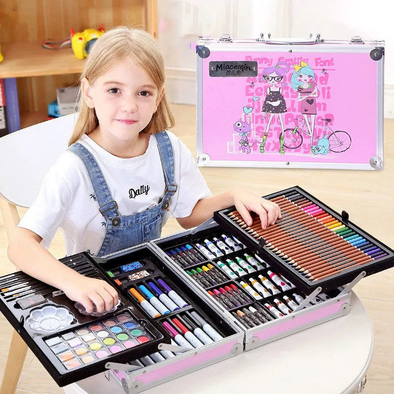 Creative birthday gift for girls ten years old, 3-layer pink aluminium box set with doodle pen set, plastic construction
