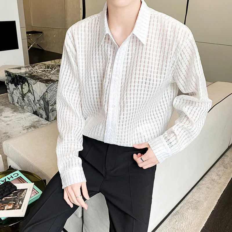 Loose draping inner white plaid shirt, chemical fibre blend cardigan style, sizes M-XXXL, for teenagers