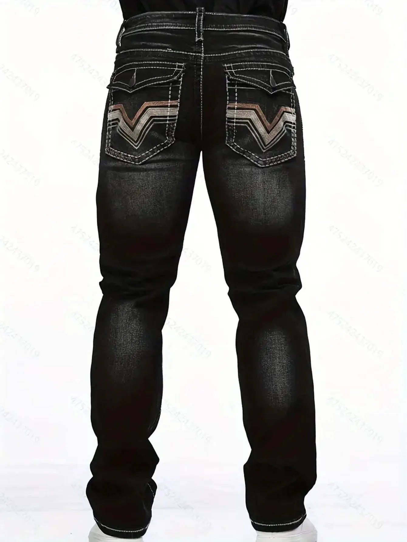 Stretch slim fit black men's cotton denim trousers with straight leg and mid waist