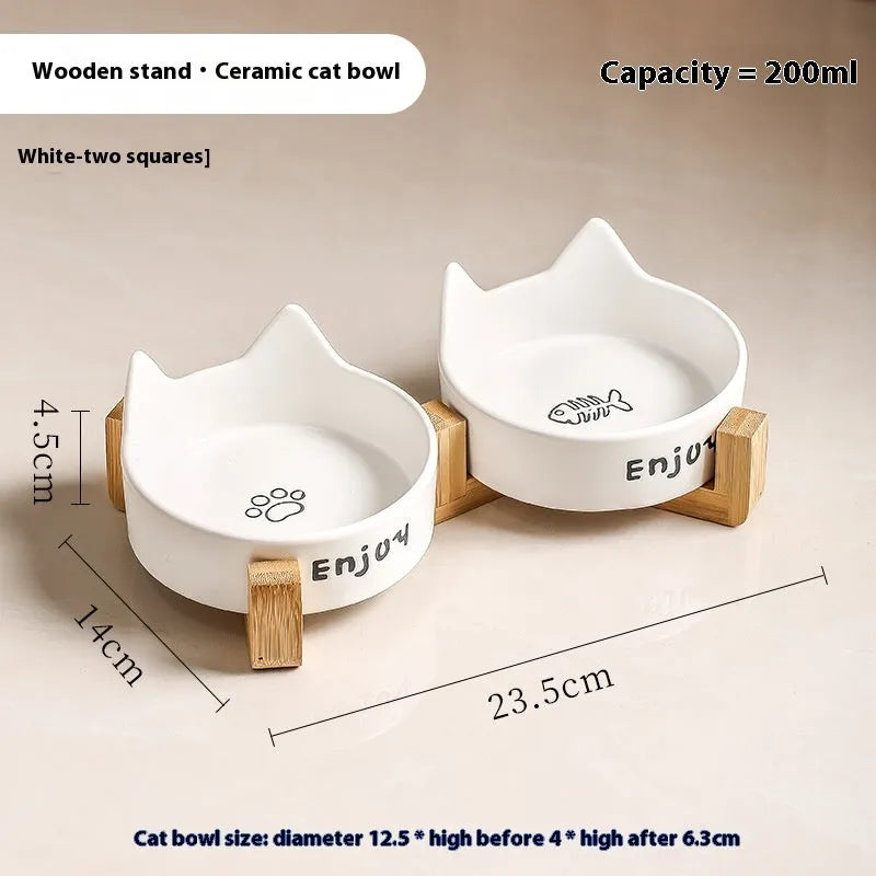 Ceramic cat bowl set with wooden anti-slip frame in cat paw design