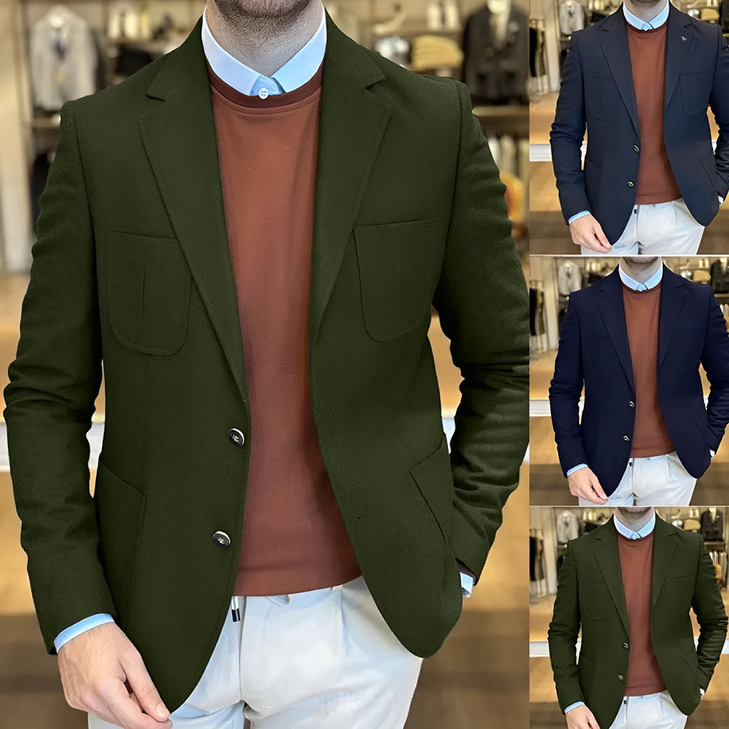 Men's loose-fit cotton suit jacket in a retro style, shown in Army Green colour.